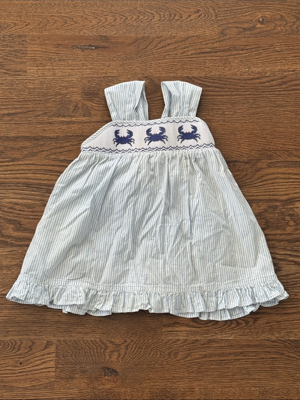 Shrimp & Grits Kids Smocked Seersucker Blouse with Blue Crab Embroidered Detail